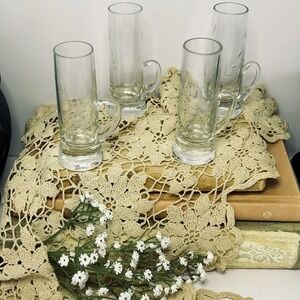 Set of 4 Vintage Etched Floral Hand Blown Shot Cordial Glasses Handles 4" Tall